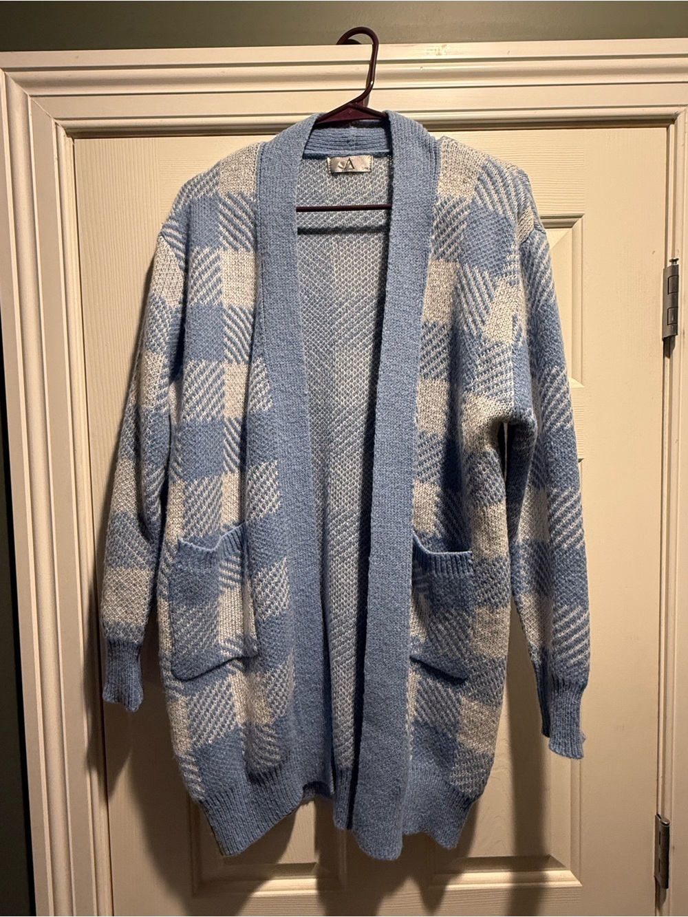 Soft Knit Blue & Cream Plaid Open Cardigan Sweater